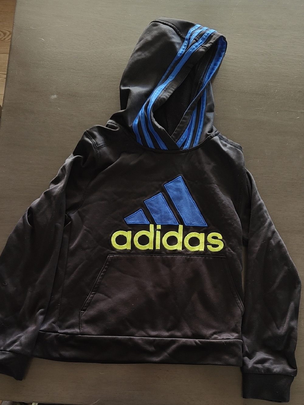 Adidas Black Hoodie with Blue Logo and Neon Green Wordmark